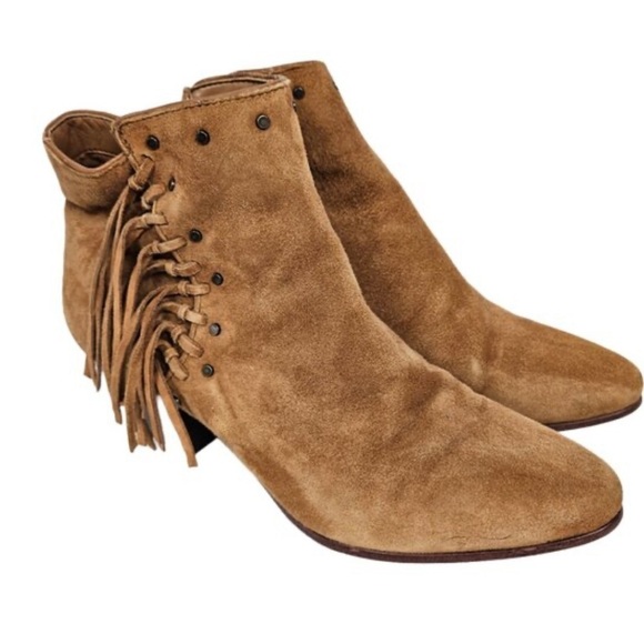 Sam Edelman Womens Rudie Studded Fringe Suede Western Boots Camel Tan Sz 6.5 - Picture 1 of 6
